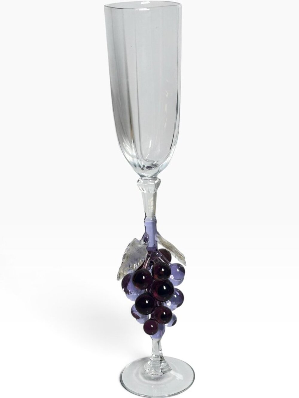 Vintage Murano Style Art Glass Champagne Flute Purple Grape Stem Paneled Shape
